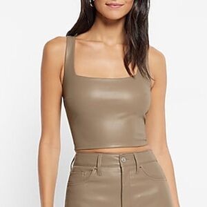 Express Taupe Faux-Leather Square-Neck Crop Top
